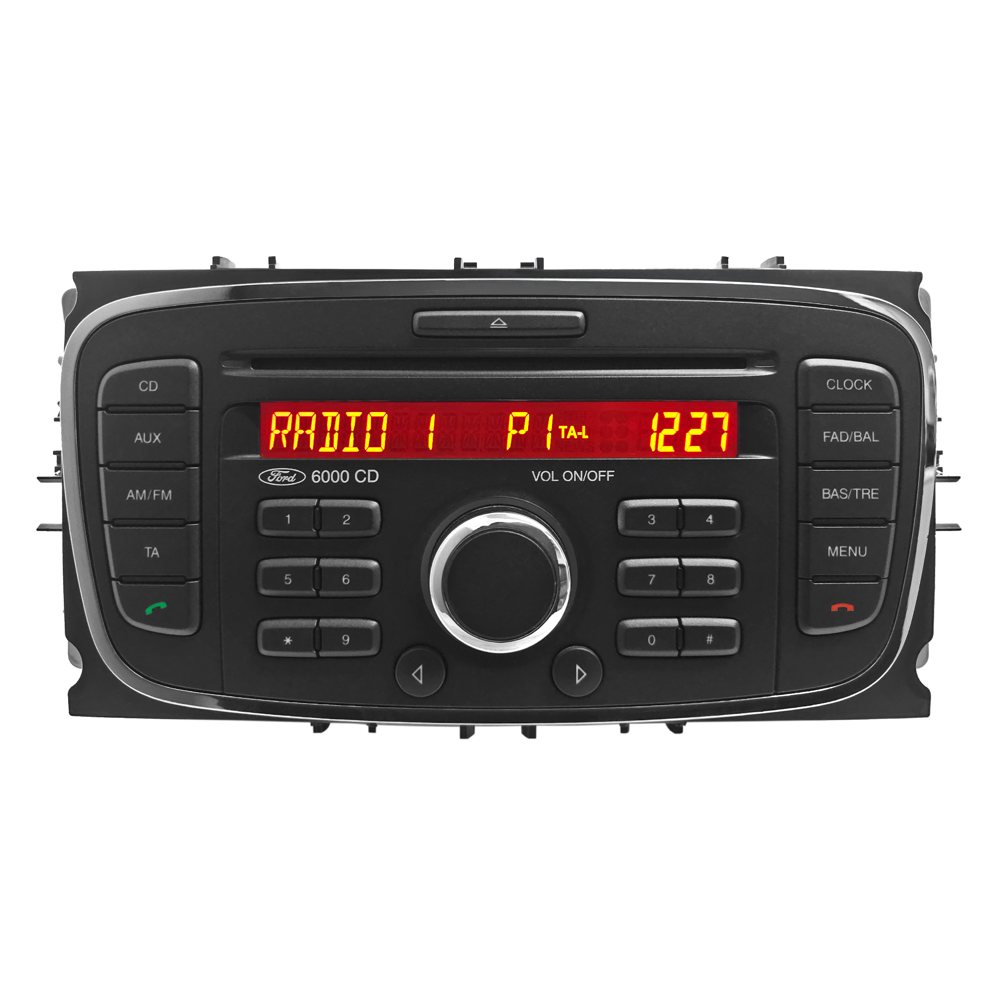 ford-6000-aux-cd-player-car-radio-black-oval-face-red-screen-front