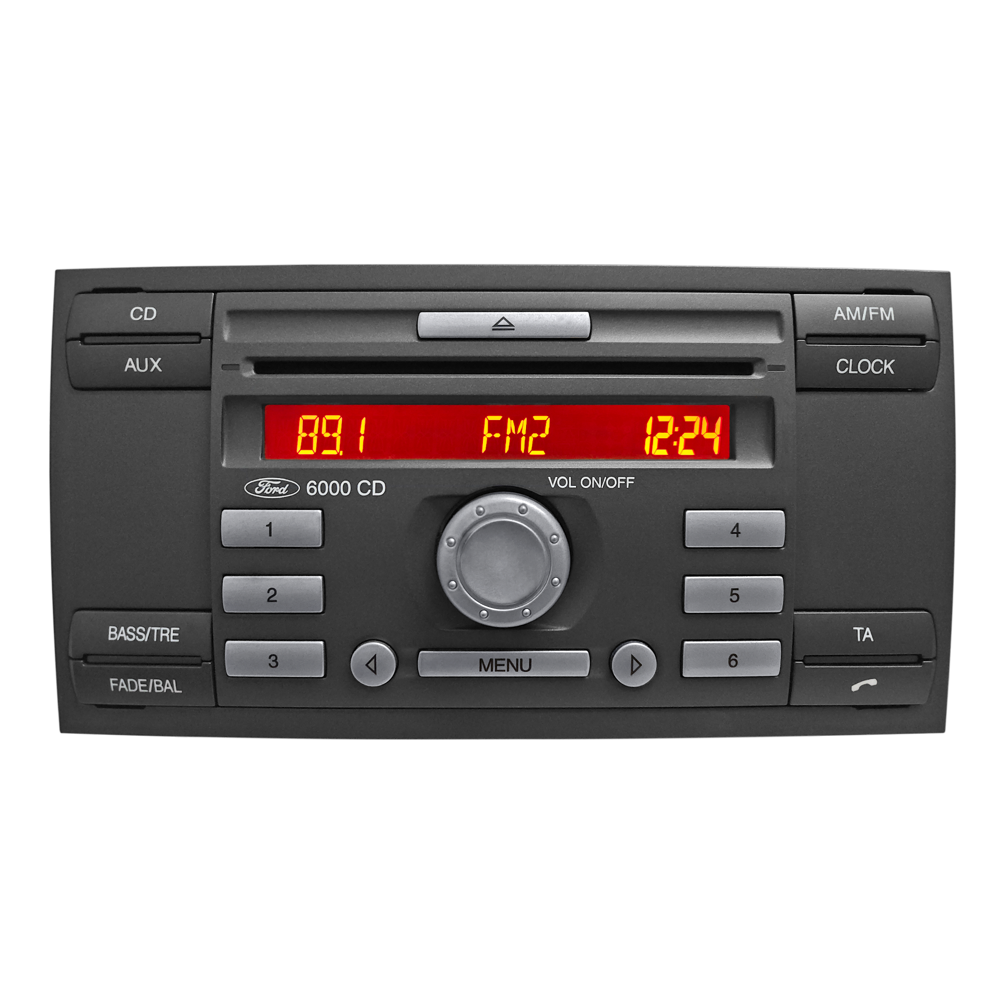 Ford 6000 AUX CD Player Car Radio - Square - Grey Face - Red Screen - Front